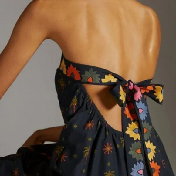 Farm Rio Anthropologie L NWT Embroidered Maxi Dress Black Embroidery 260$ Large - Picture 8 of 13